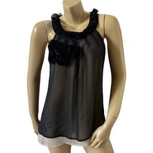 CYNTHIA ROWLEY Womens Size Small Ruffled Sleeveless Tan Black Chiffon Tank Shirt